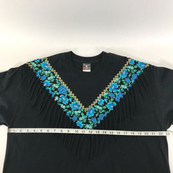 Vintage Hanes Floral Fringe Short Sleeve Tee Adult Size XL Black Embellished 90s - Picture 8 of 12